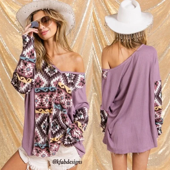 LAST 1! V Neck Mauve/Lilac Mix Aztec Print Soft Color Block Top - Picture 3 of 11